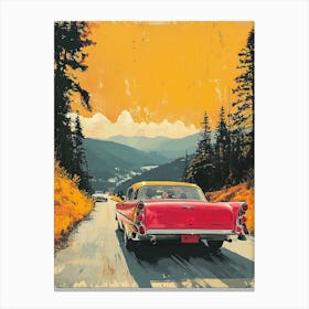 Retro Road Trip With Classic Car – Vibrant Vintage Travel Poster Art Print Canvas Print