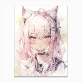 Kawaii Anime Girl With Pink Hair and Cat Ears Neko Nekomimi Watercolor Otaku Canvas Print