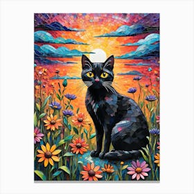 He Must be a Wildflower - Beautiful Rainbow Mosiac of Whimsical Black Cat Watching the Sun Set Whimsy Kitty Art for Cat Lover, Cat Lady, Chakra Pride Pagan Witch Colorful HD Canvas Print
