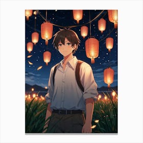 Anime Boy Standing In Field With Lanterns Canvas Print