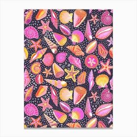 Scattered Seashells and Doodles Pink, Orange, and Yellow on Black Canvas Print