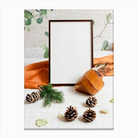 Autumnal Still Life Featuring A Cone A Framed Cotton Acorn And Pine Leaves On A Minimalistic Table (1) Canvas Print