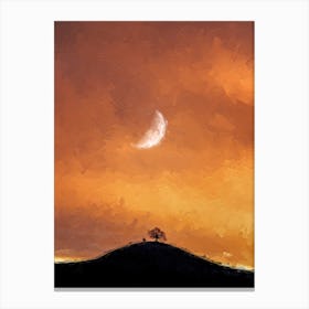 Lonely Tree On The Hill Sunset Moon Oil Painting Landscape Canvas Print