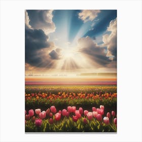 Tulip Field With Sun Rays Canvas Print