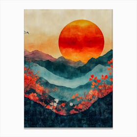 Vibrant Sunset over Mountain Landscape with Blooming Red Flowers – Nature Inspired Wall Art Canvas Print