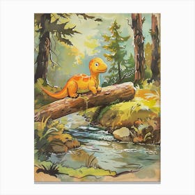 Storybook Style Dinosaur Crossing The River With A Log Painting 3 Canvas Print