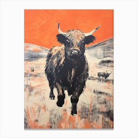 Highland Cattle, Woodblock Animal Drawing 4 Canvas Print