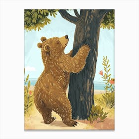 Brown Bear Scratching Its Back Against A Tree Storybook Illustration 4 Canvas Print