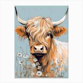 Chalk Blue Floral Portrait Of Highland Cow Canvas Print