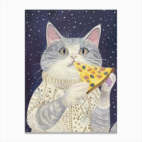 Grey And White Cat Pizza Lover Folk Illustration 3 Canvas Print