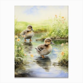 Ducklings In Lake Watercolour 2 Canvas Print