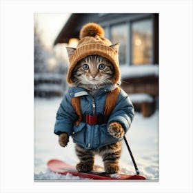 Cute Kitten On Skis Canvas Print