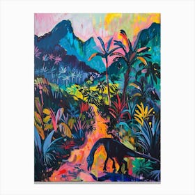 Dinosaur In A Colourful Jungle Painting Canvas Print