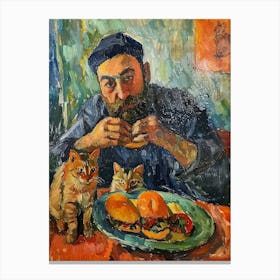 Portrait Of A Man With Cats Having Dinner 3 Canvas Print