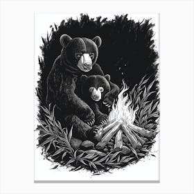 Malayan Sun Bear Sitting Together By A Campfire Ink Illustration 1 Canvas Print