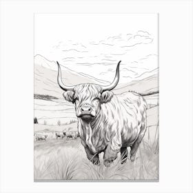 Simple Illustration Of Highland Cow Black & White Canvas Print