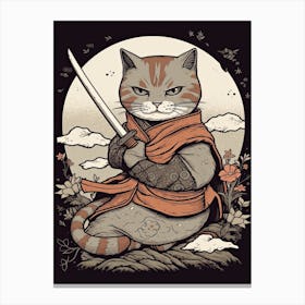 Cute Samurai Cat In The Style Of William Morris 6 Canvas Print