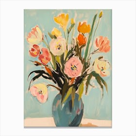 Colorful Flowers In A Blue Vase Canvas Print