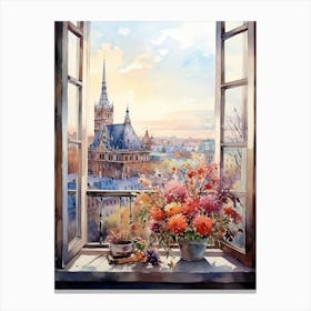 Window View Of Frankfurt Germany In Autumn Fall, Watercolour 1 Canvas Print