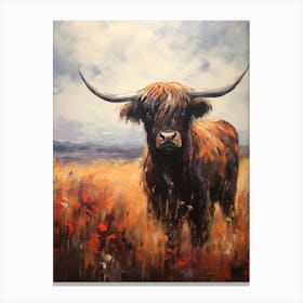Warm Tones Impressionism Style Paintingh Of Highland Cow In The Valley 1 Canvas Print