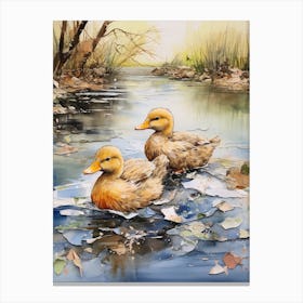 Ducklings Swimming In The River Mixed Media 1 Canvas Print