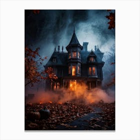 Fiery Autumn Leaves Swirl Around A Haunted House The Walls Of Which Exude A Defocused Orange Glow (1) Canvas Print