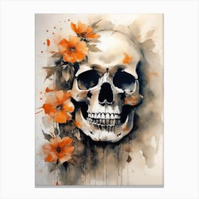 Abstract Skull Orange Flowers Painting (12) Canvas Print
