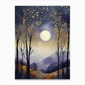 Cosmic Fall Night،
An ethereal boho painting that captures the beauty of a fall night sky. The background is a deep navy, speckled with tiny stars, while the foreground features silhouettes of autumn trees in shades of charcoal and dark olive. The moon is painted in a glowing silver, surrounded by soft wisps of mist in pale gold and lavender.
.14 Canvas Print