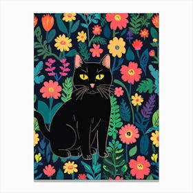 Black Cat With Flowers 1 Canvas Print