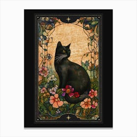 Alphonse Mucha-inspired black cat and ornate florals with gold accents in a dark cottagecore aesthetic with stained glass effect, Art Nouveau style witchy artwork perfect for libraries, vintage-themed rooms, moody interior 6 Canvas Print