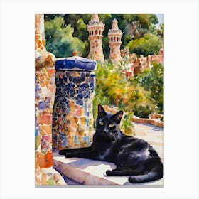 Black Cat at Park Guell Iconic Gaudi Barcelona Artwork - Lounging Cat Traditional Watercolor Art Print Kitty Travels Home and Room Wall Art Cool Decor Klimt and Matisse Inspired Modern Awesome Cool Unique Pagan Witchy Witches Familiar Gift For Cat Lady Animal Lovers World Travelling Genuine Works by British Watercolour Artist Lyra O'Brien  Canvas Print