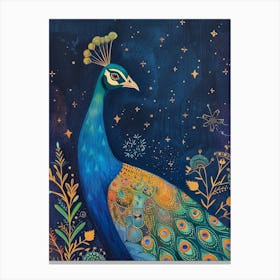 Floral Peacock Under A Starry Sky Canvas Print