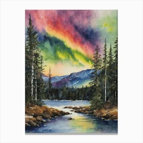 The Northern Lights - Aurora Borealis Rainbow Winter Snow Scene of Lapland Iceland Finland Norway Sweden Forest Lake Watercolor Beautiful Celestial Artwork for Home Gallery Wall Magical Etheral Dreamy Traditional Christmas Greeting Card Painting of Heavenly Fairylights 1 Canvas Print