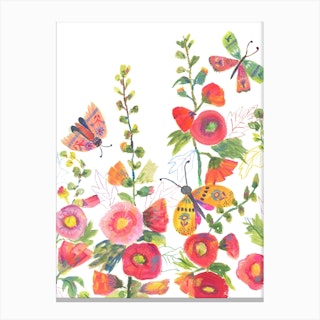 Hollyhocks And Butterflies Canvas Print