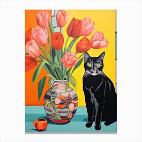 Tulip Flower Vase And A Cat, A Painting In The Style Of Matisse 0 Canvas Print