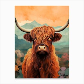 Print Style Highland Cow Orange Sky Canvas Print