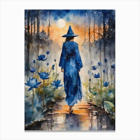 Blue Lotus Witch ~ Blue Moon Witchcraft Fairytale Witchcraft Sacred Spirit Watercolor Painting China Yoga Meditating Spiritual Witches Witchy Painting Canvas Print