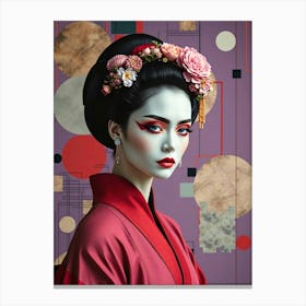 Geisha in Red-Pink Illustration-5 Canvas Print