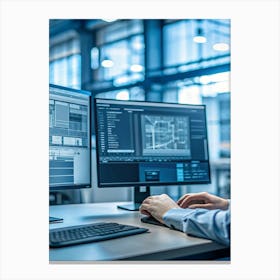 Close Up Of A Person S Hands Using A Graphics Tablet And Keyboard To Work On A Computer With Two Monitors Displaying Cad Software In A Modern Industrial Setting Canvas Print