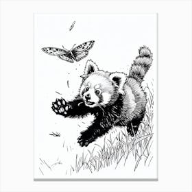 Red Panda Cub Chasing After A Butterfly Ink Illustration 4 Canvas Print