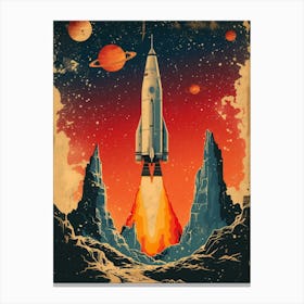 Space Odyssey: Retro Poster featuring Asteroids, Rockets, and Astronauts: Space Rocket 2 Canvas Print