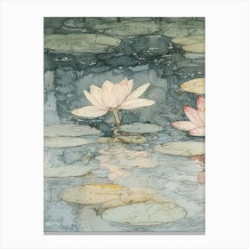 Water Lilies Print Vintage Flowers Pond Watercolour 1 Canvas Print