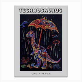 Neon Dinosaur With Umbrella In The Rain 1 Poster Canvas Print