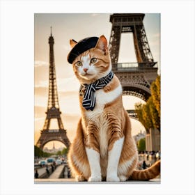 Roaming Paws: Feline Adventures Abroad Cat In Paris Eiffel Tower Canvas Print