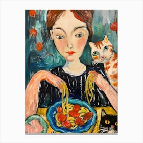Portrait Of A Woman With Cats Eating Pasta 3 Canvas Print
