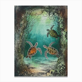 Sea Turtles In An Underwater World Textured Illustration 4 Canvas Print