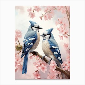 Two Blue Jays In Cherry Blossoms Canvas Print