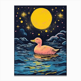 Linocut Style Duckling In The Lake Under The Moonlight 4 Canvas Print