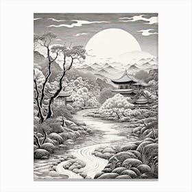 Yufuin In Oita, Ukiyo E Black And White Line Art Drawing 4 Canvas Print