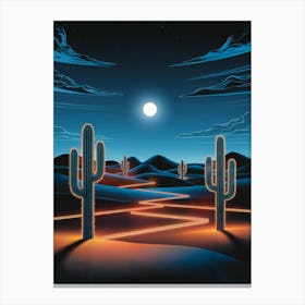 Surreal Oil Painting: Neon-Lit Desert at Twilight with Glowing Cacti, Warm Orange Lights on Sand Dunes, Deep Blue Swirling Sky, and Bright Moon. Canvas Print